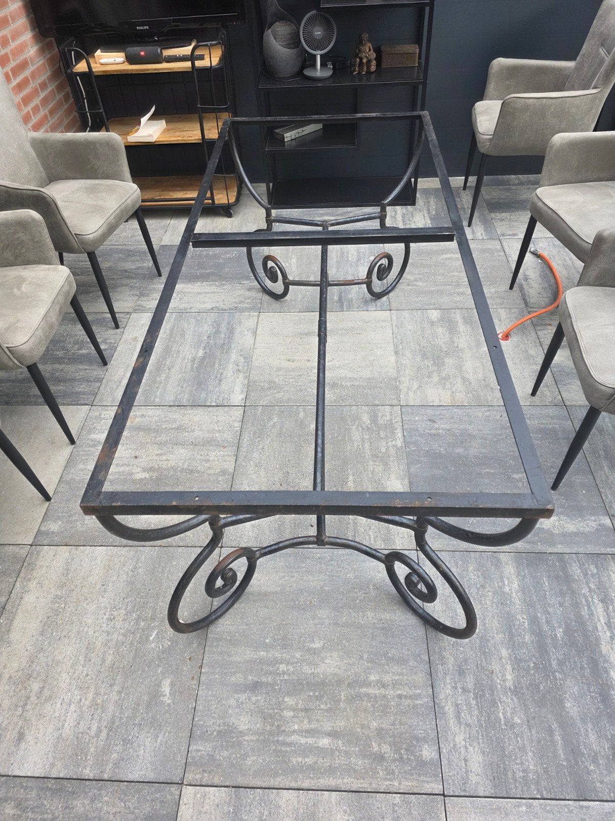 Handgemaakte Smeedijzeren Tafel met Hardhouten Blad, Ophalen, Gebruikt, Rechthoekig, Metaal