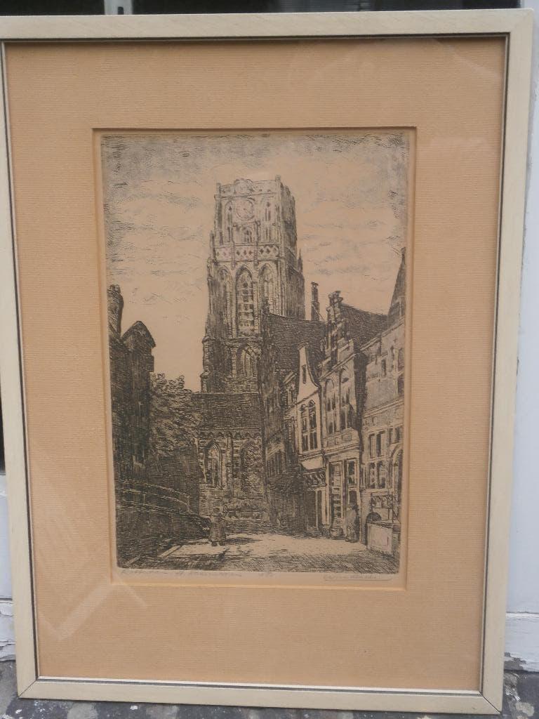 Wim Beeke, mooe ingel ets van de Laurenstoren Rotterdam, Antiek en Kunst, Ophalen of Verzenden, Architectuur, Ets