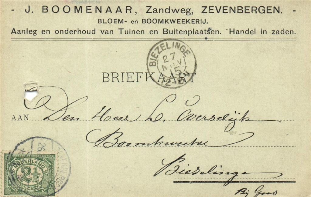 J. Boomenaar, Zevenbergen - 11.1915 - briefkaart, Ophalen of Verzenden, Briefkaart