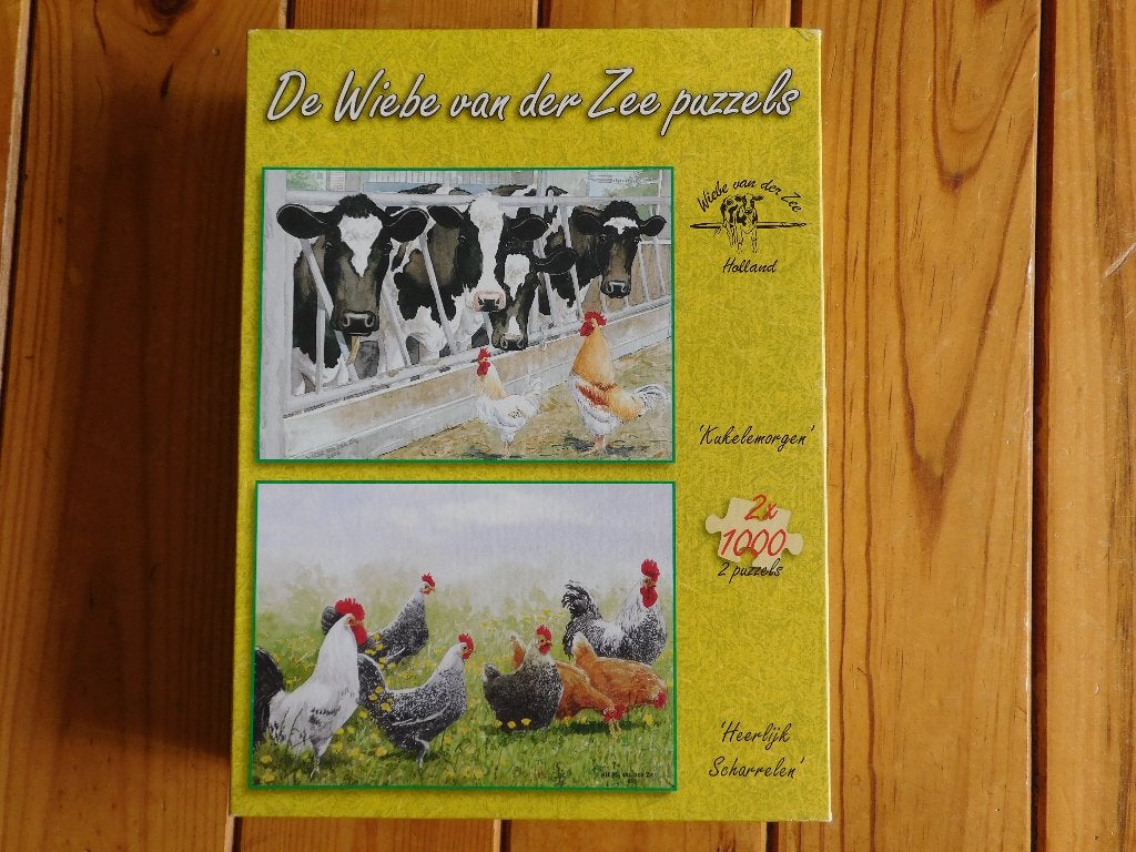 Puzzel 2x 1000 st. Scharrelen, Kukelemorgen Wiebe v.d. Zee, Ophalen of Verzenden, 500 t/m 1500 stukjes, Zo goed als nieuw, Legpuzzel