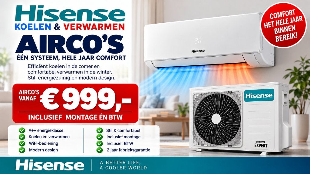 Airco Hisense compleet geïnstalleerd vanaf € 999,= !!, Koelen en Ontvochtigen, Minder dan 60 m³, Nieuw, 3 snelheden of meer