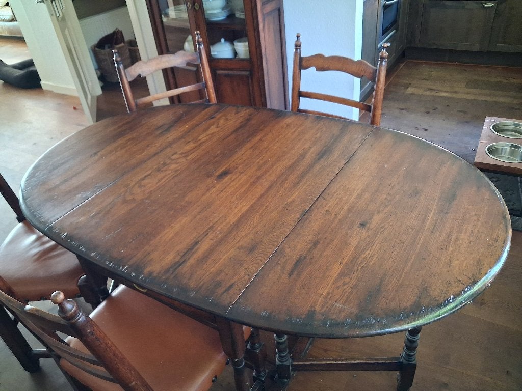 prachtige ovale rustieke eettafel + 4 stoelen, Ophalen, Vintage, 50 tot 100 cm, Zo goed als nieuw