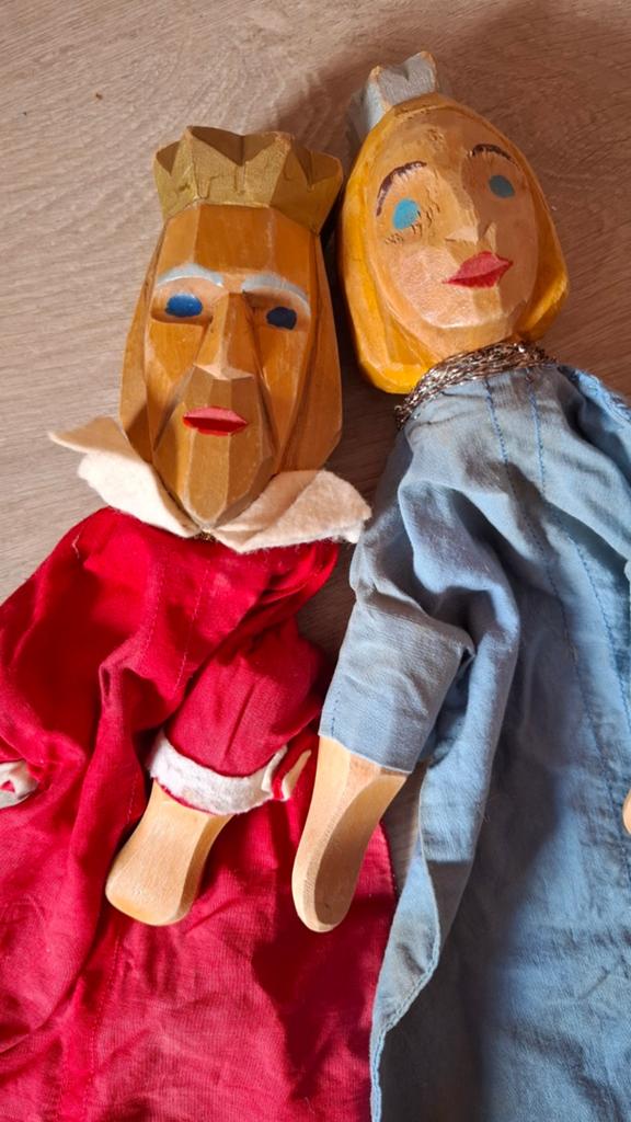 Vintage Antieke Houten Handpoppen Koning en Koningin, Ophalen of Verzenden
