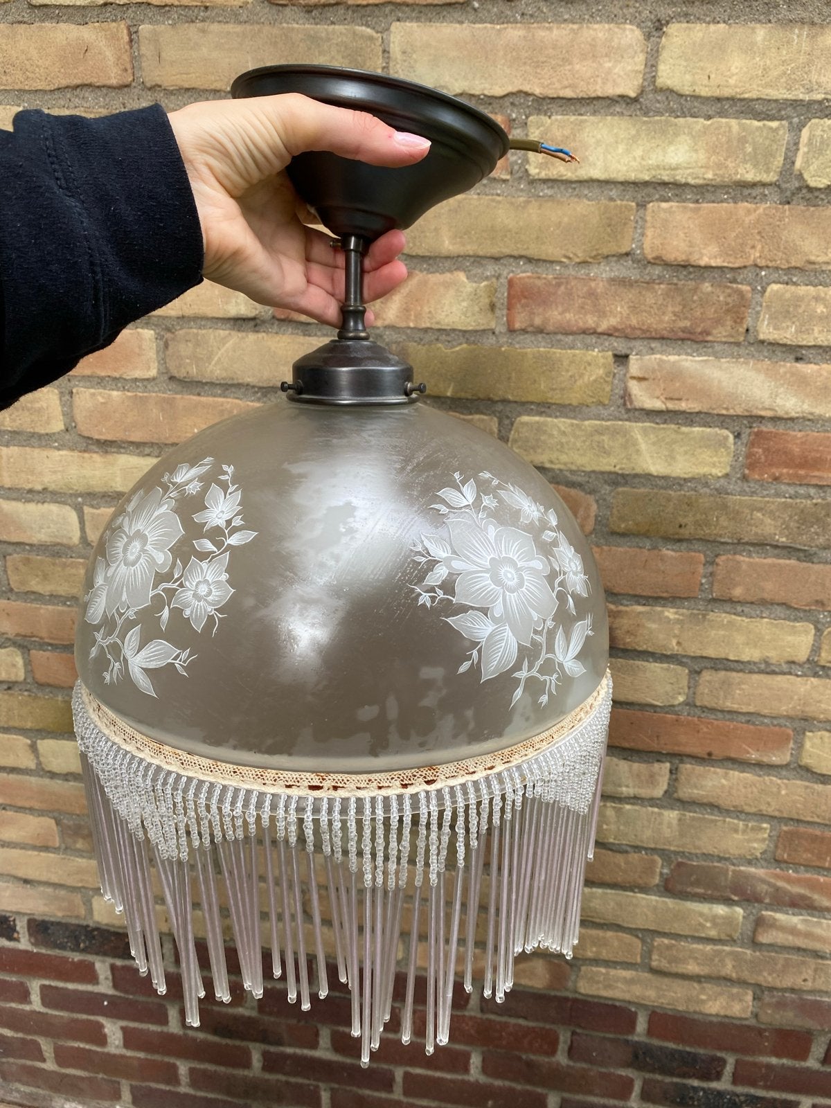 Vintage Plafondlamp met Bloemmotief en Kralen, Ophalen