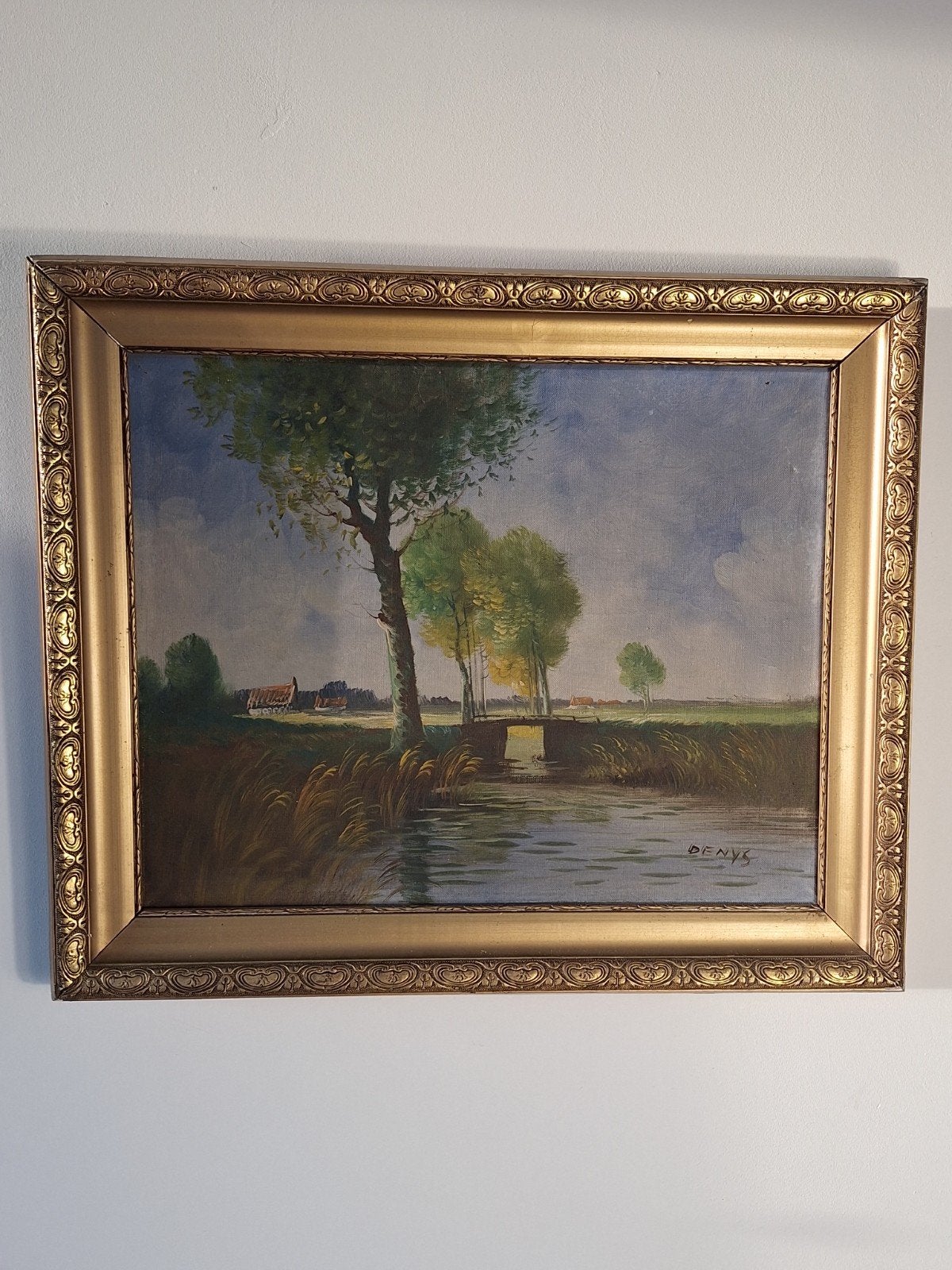 Schilderij Denys - Landschap met water en brug, Ophalen of Verzenden