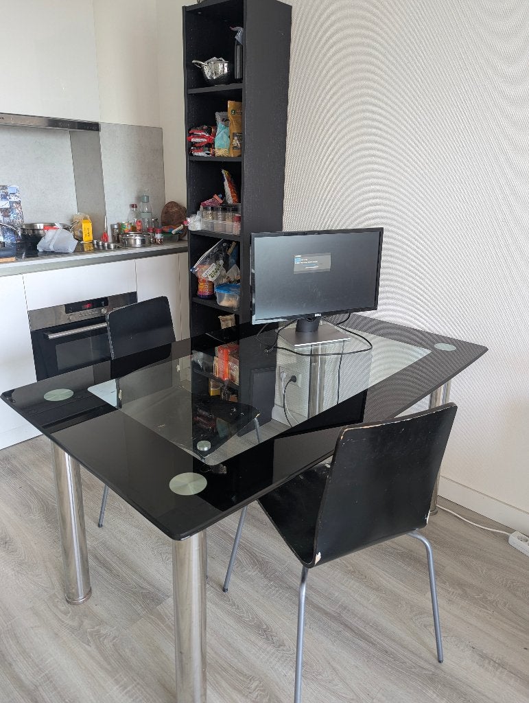 Black Glass Dining Table with Chrome Legs + 2 chairs, Ophalen, Gebruikt, 50 tot 100 cm, Vier personen