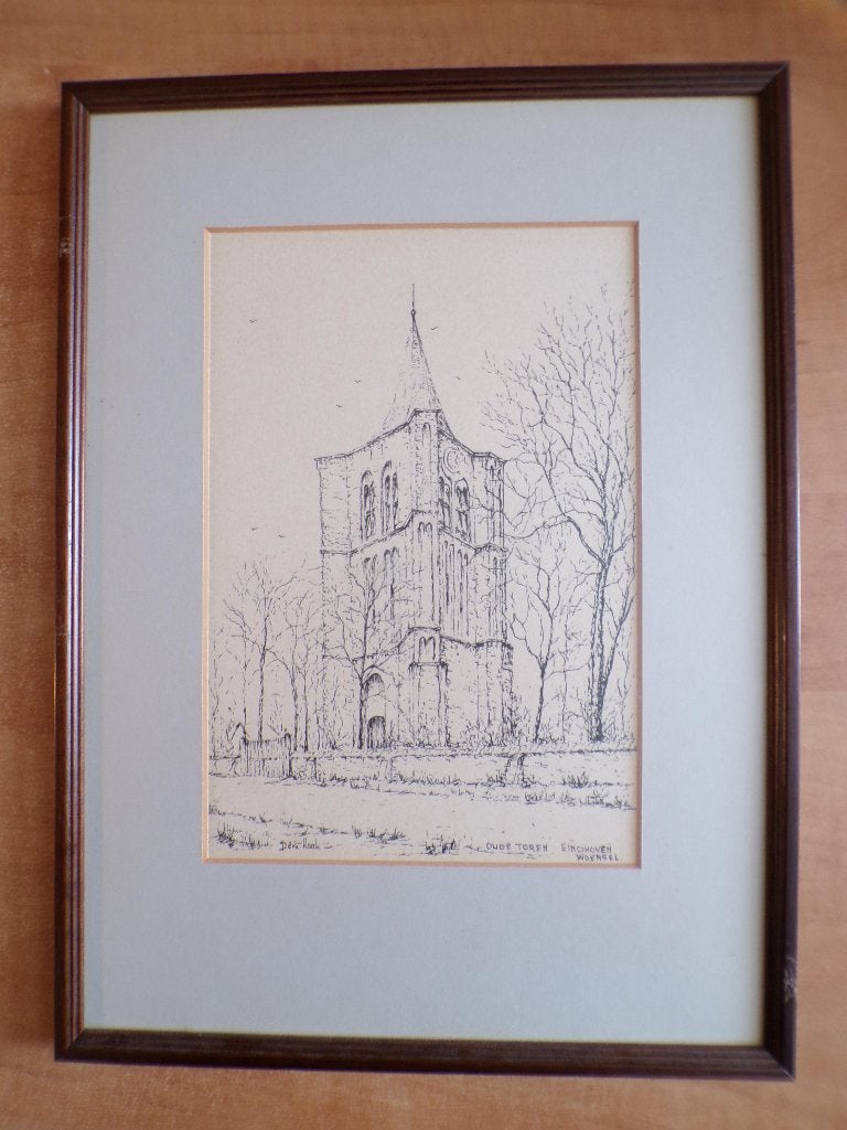 kopie prent Oude Toren Woensel Eindhoven door Derk Haak, Verzamelen, Foto's en Prenten, Gebruikt, Ophalen of Verzenden, 1940 tot 1960