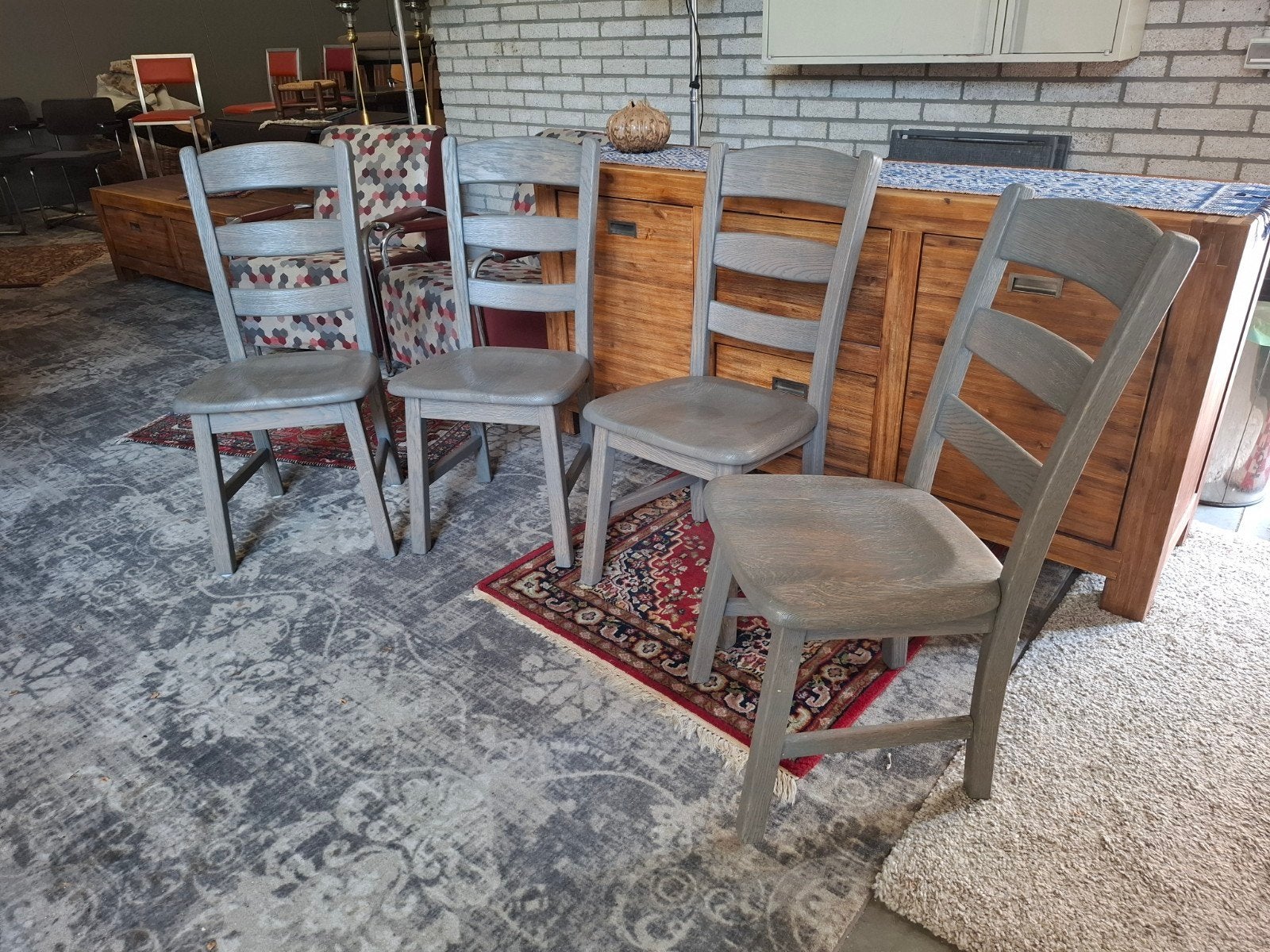 Grey Wash Vintage Origineel houten stoel stoelen 4dlg. Zie,, Ophalen, Gebruikt, Hout, Vier