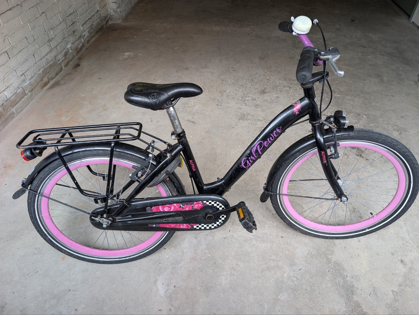 13 inch Meisjesfiets - Zwart/Roze - Alpina Girl Power, Gebruikt, Velgrem, Alpina, 14 inch of minder