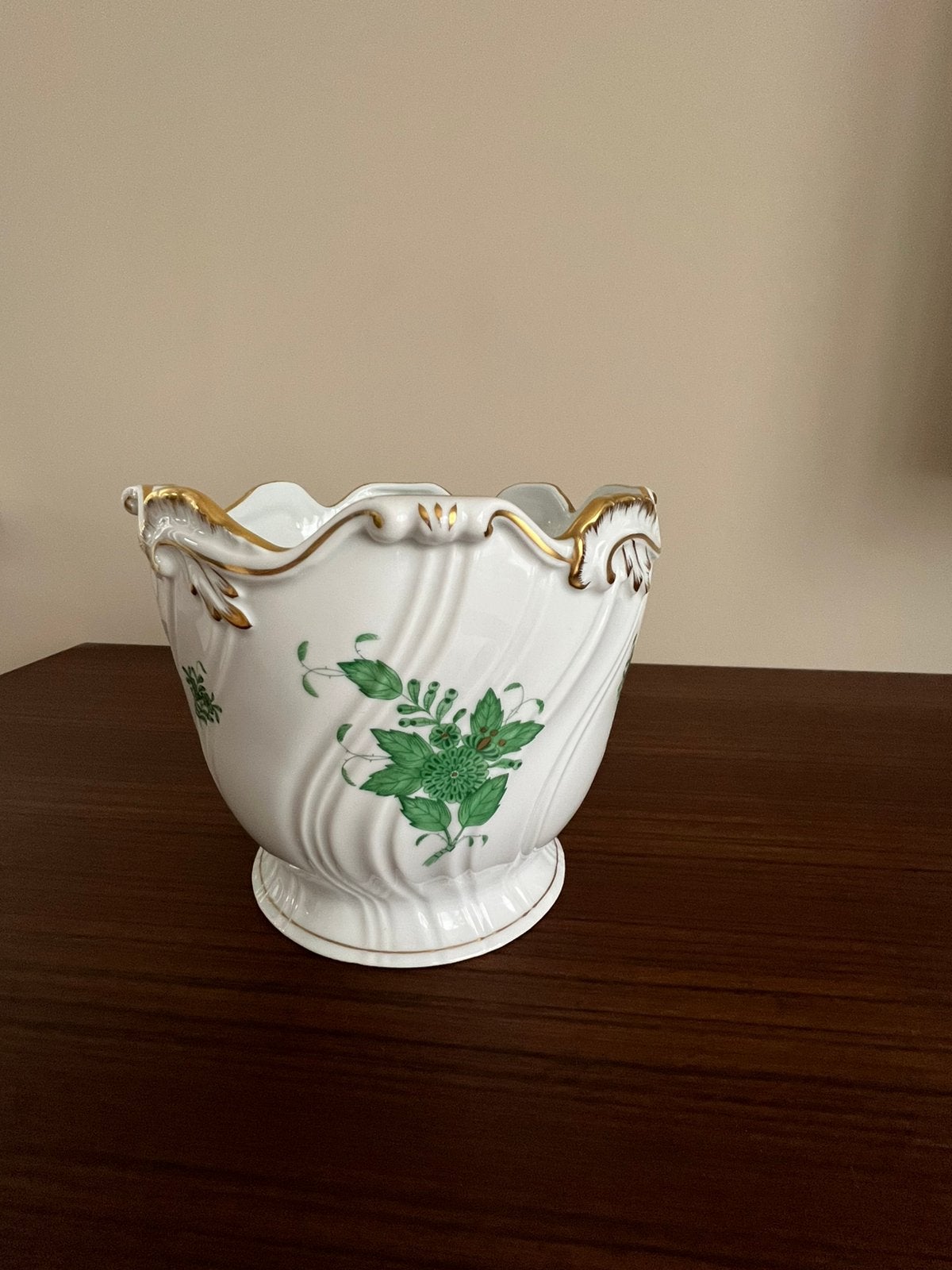 Antiek cachepot bloempot Herend Hungary handpainted groen, Ophalen