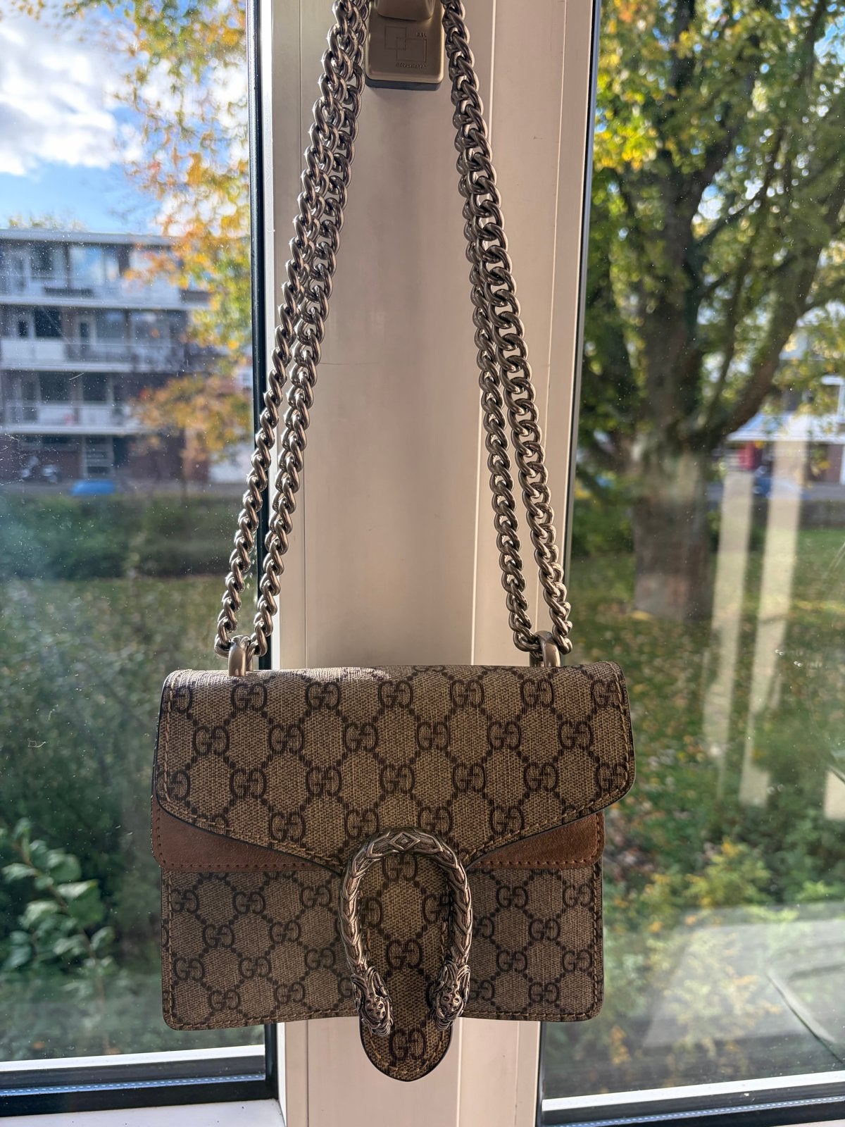 Gucci Dionysus GG Supreme Super Mini Tas, Ophalen of Verzenden, Zo goed als nieuw, Bruin, Schoudertasje