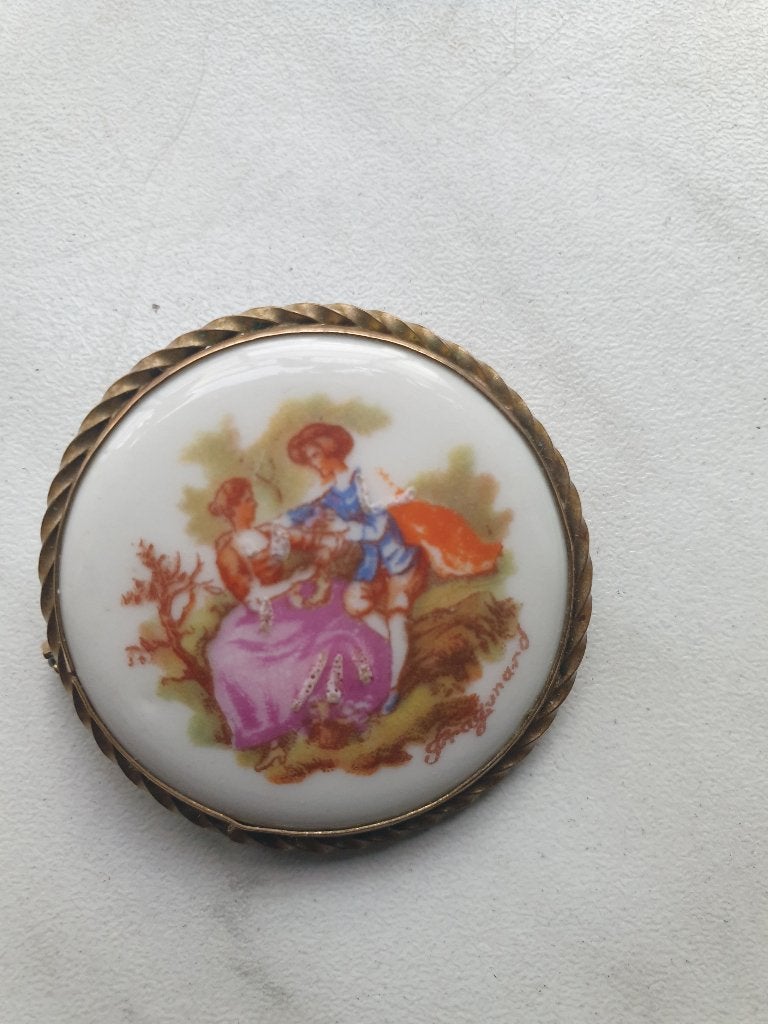 Oud porseleinen broche Limoges France, Overige materialen, 4 tot 7 cm, Overige kleuren, Ophalen of Verzenden