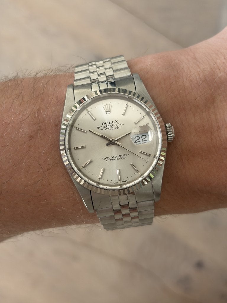 Rolex Datejust 36 Ref. 16234 uit circa 1990, zilver, jubilee, Staal, Polshorloge, Ophalen of Verzenden, Zo goed als nieuw