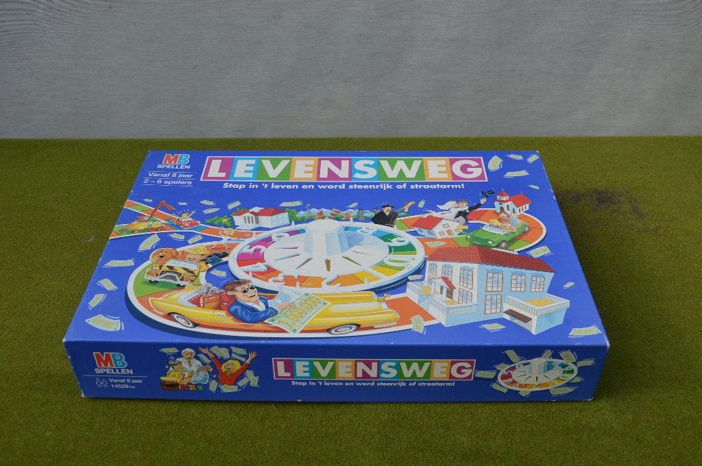 Vintage Levensweg bordspel uit 1997, blauwe doos uitgever MB, Vijf spelers of meer, Ophalen of Verzenden, Gebruikt, MB