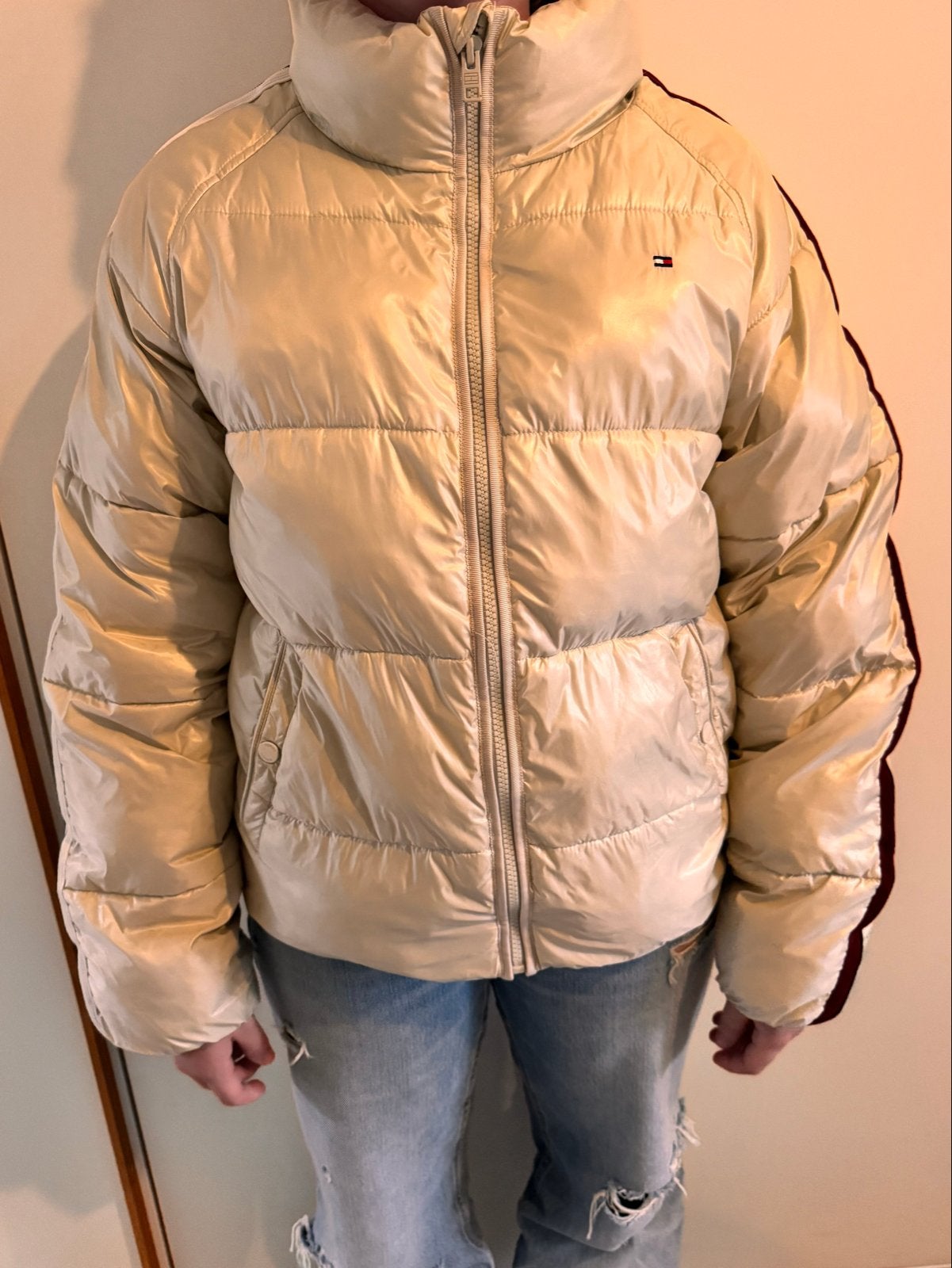 Tommy Hilfiger Puffer Jas - Crème maat 176, Ophalen of Verzenden, Gedragen, Maat 36 (S), Beige