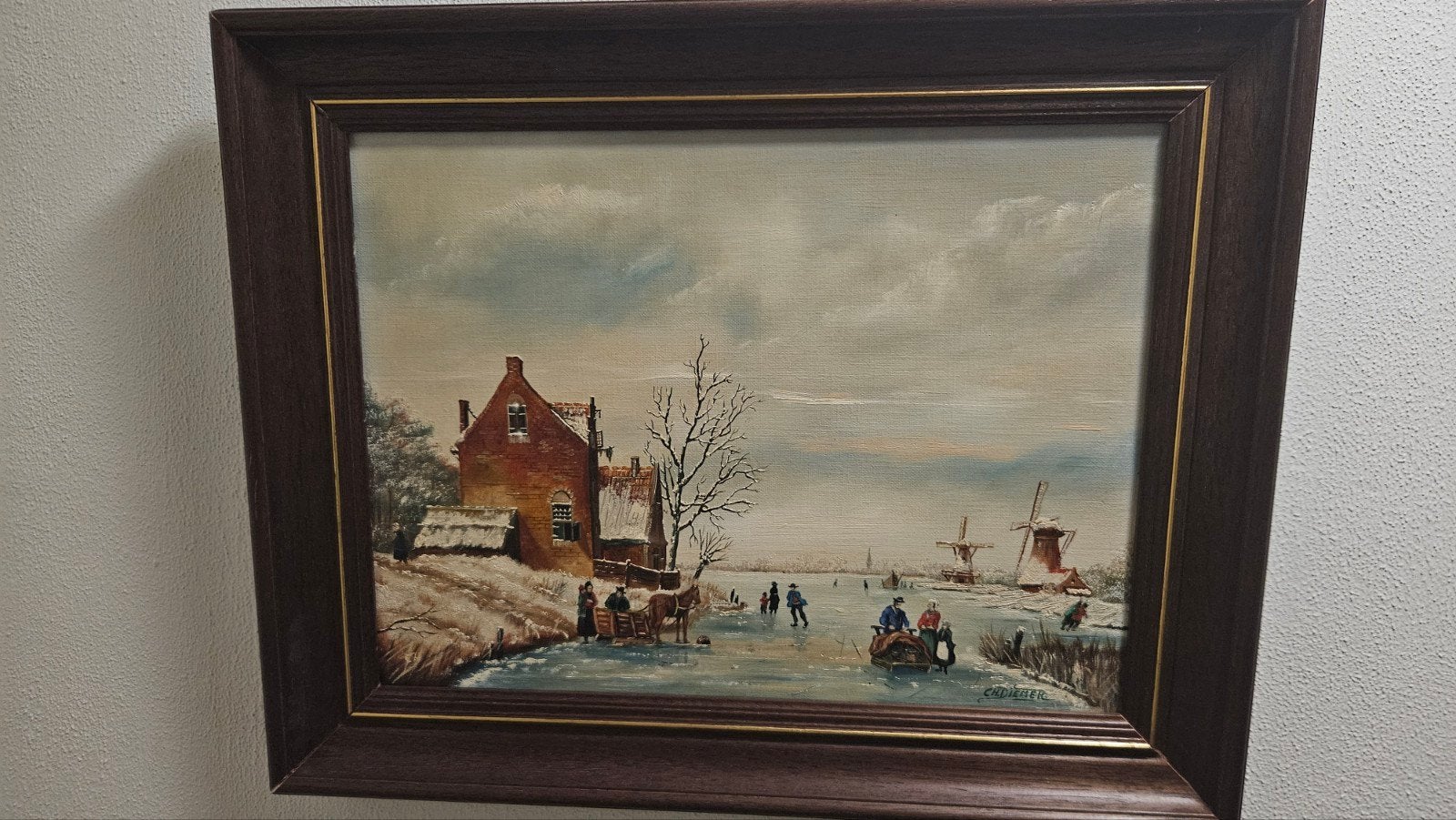 Olieverfschilderij: Hollands winterlandschap met schaatsers, Antiek en Kunst, Kunst | Schilderijen | Klassiek, Ophalen of Verzenden
