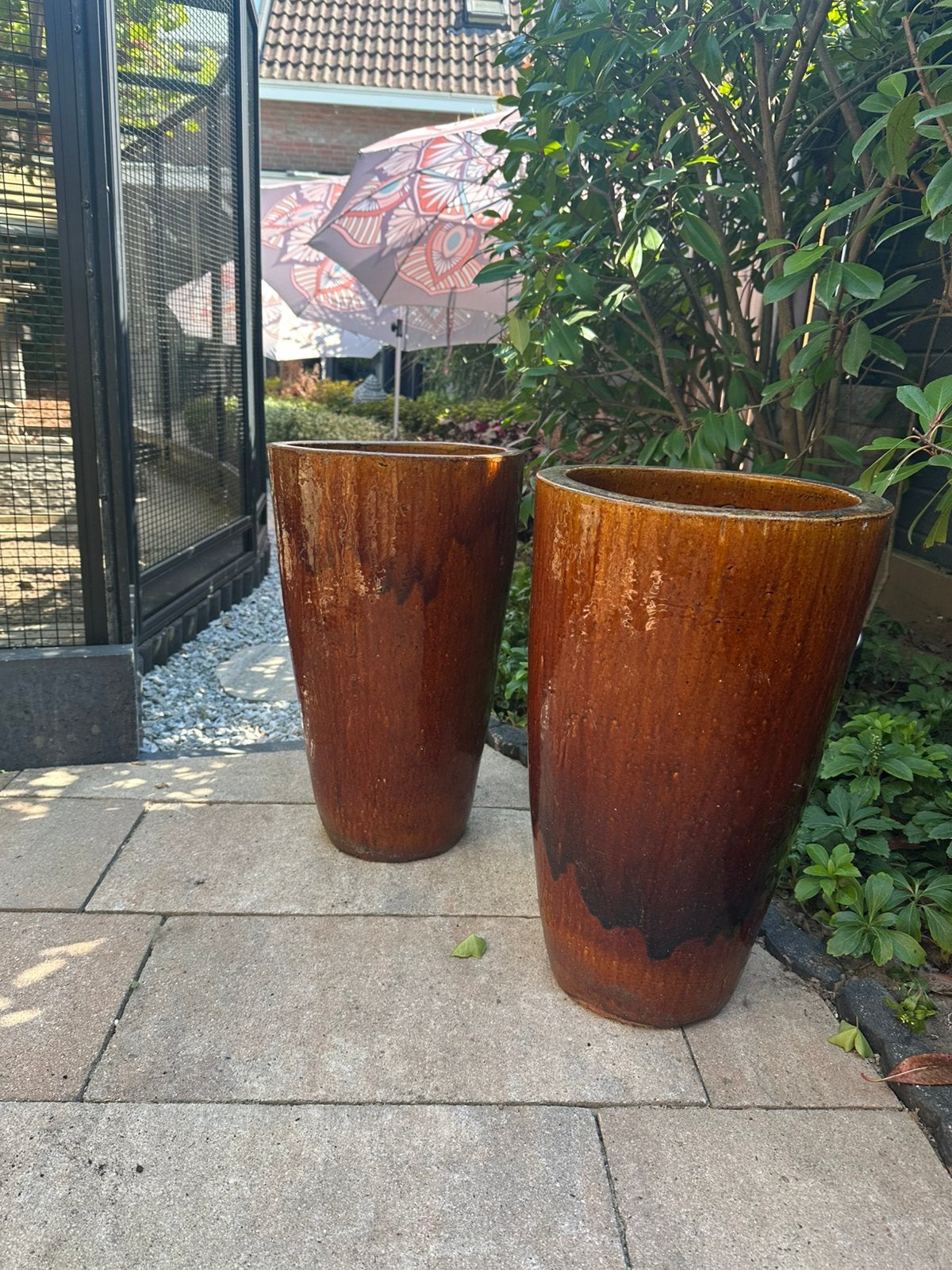 Set van 2 geglazuurde bruine bloempotten, Tuin en Terras, Gebruikt, Rond, Binnen, Aardewerk