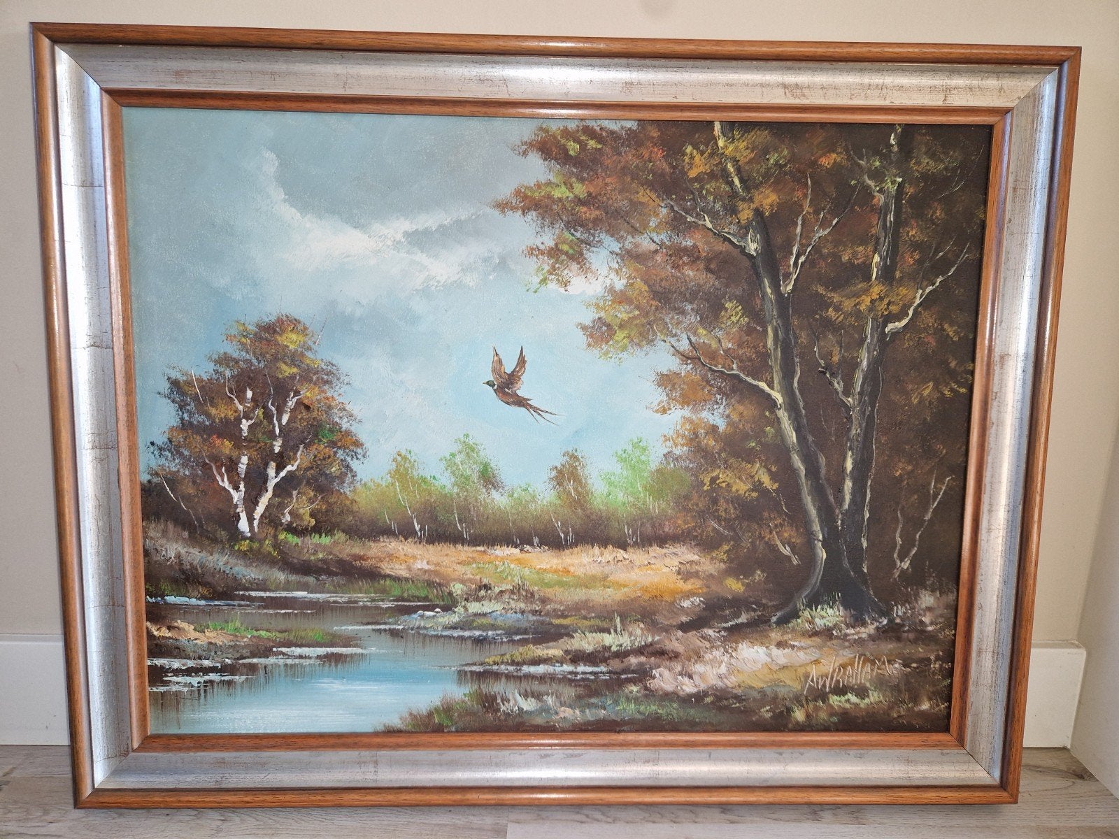 Schilderij Landschap met vogel - Gesigneerd A.W. Raham, Antiek en Kunst, Doek, Realistisch, Ophalen of Verzenden, Landschap