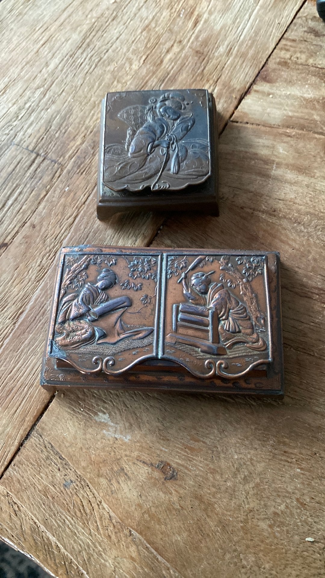 Koperkleurige vintage japanse postzegel bakjes, Ophalen of Verzenden