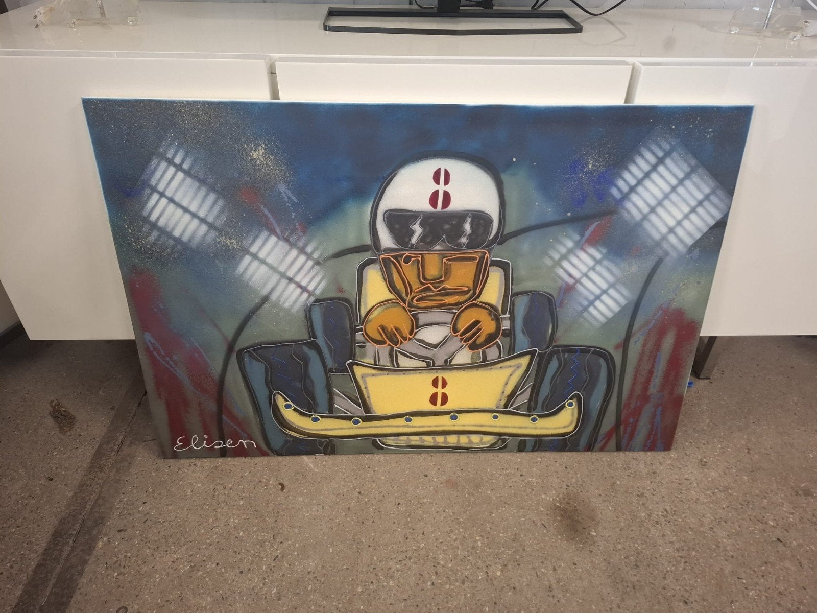 Schilderij Marcel Elisen - Karting, Antiek en Kunst, Acrylverf, Ophalen of Verzenden, Overige materialen, Gesigneerd
