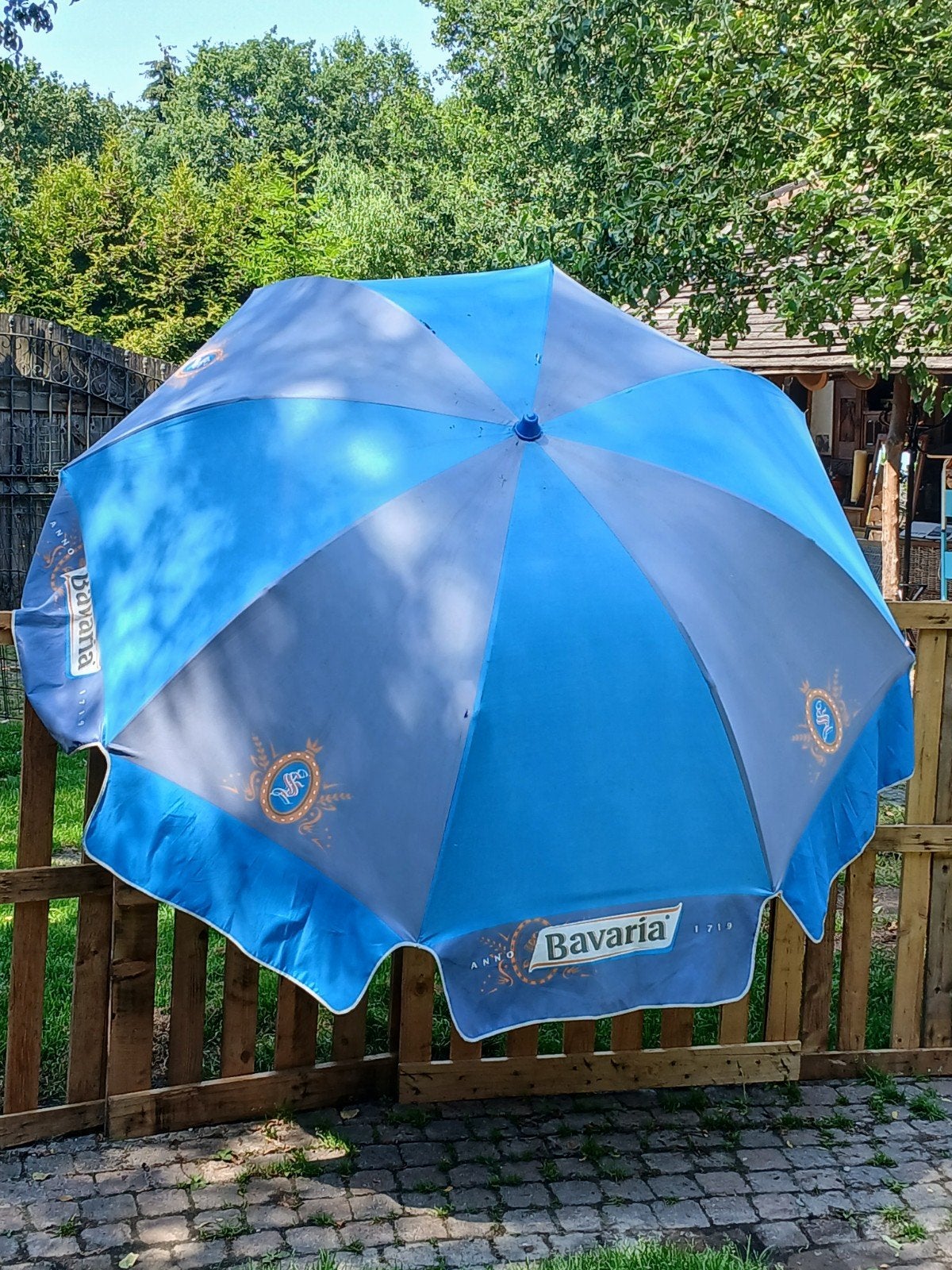 Vintage Bavaria parasol - Blauw/Grijs, Tuin en Terras, Parasols, Ophalen of Verzenden, Gebruikt, 2 tot 3 meter, Stokparasol