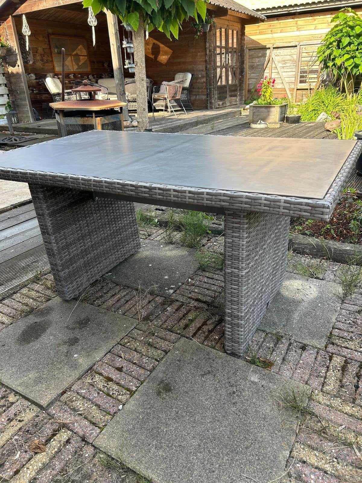 Tuintafel met glazen blad, Tuin en Terras, Tuintafels, Ophalen, Gebruikt, Rechthoekig, Wicker