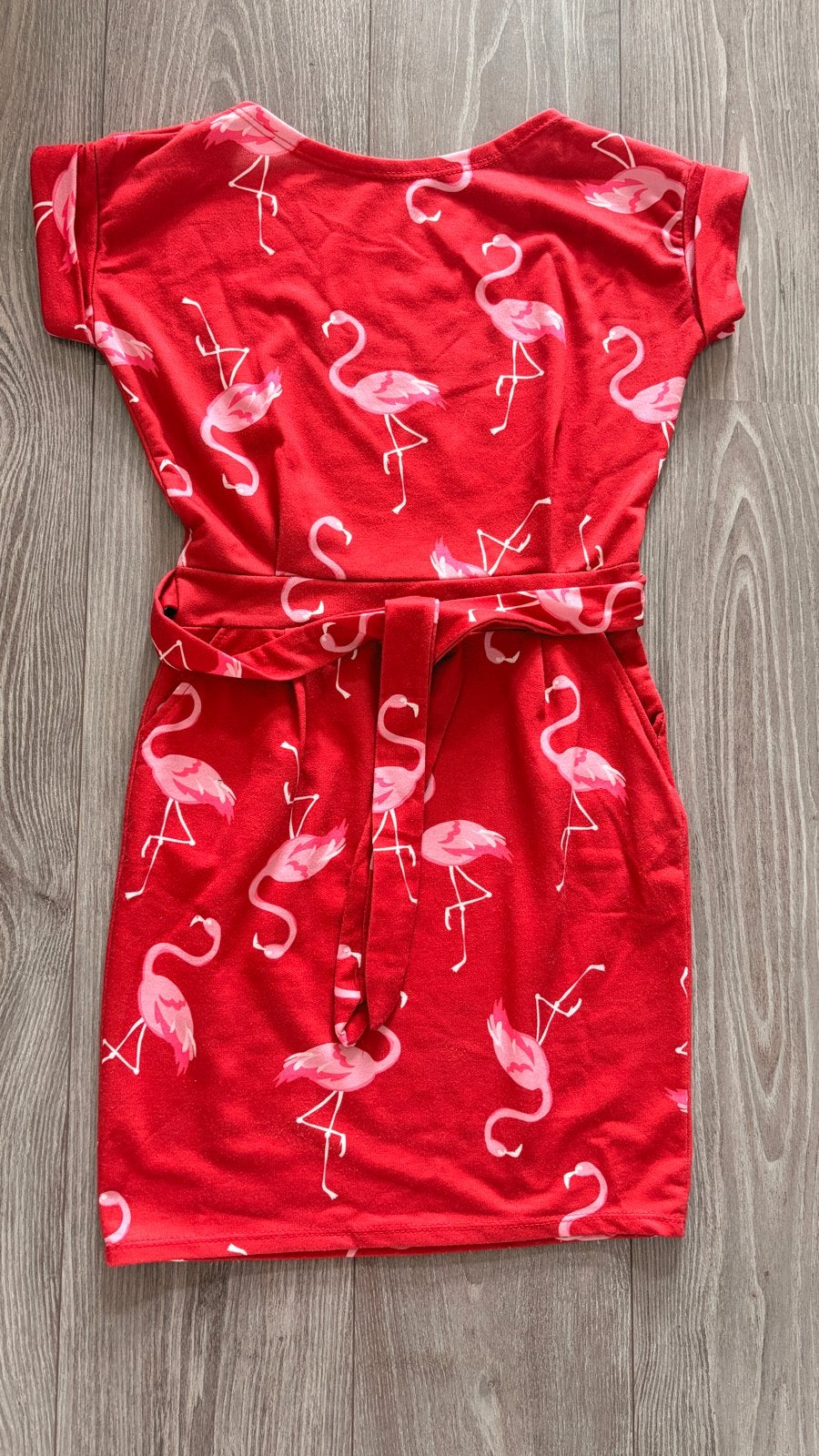 Moeder en dochter jurkjes. Rood met flamingo print, Maat 42/44 (L), Ophalen of Verzenden, Zo goed als nieuw, Boven de knie