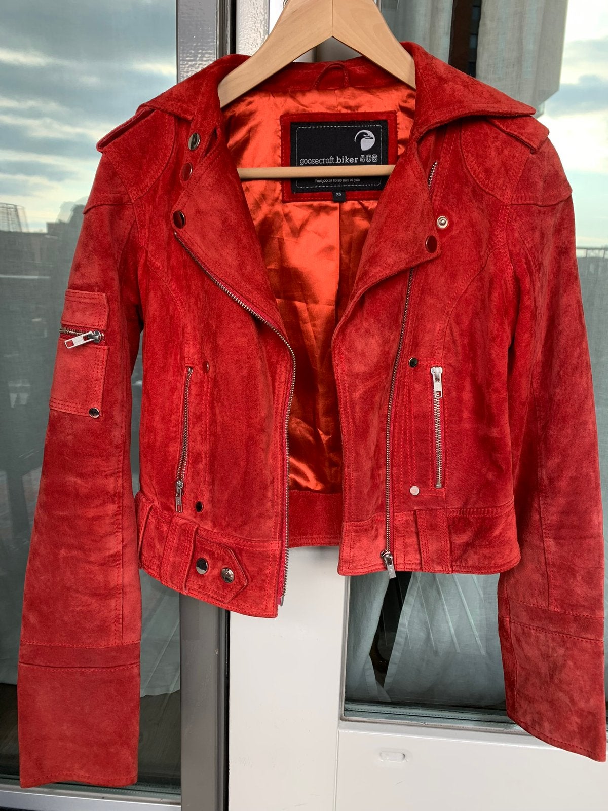 Rood suede biker 406 jas, Goosecraft, maat xs, Kleding | Dames, Ophalen, Zo goed als nieuw, Maat 34 (XS) of kleiner, Rood
