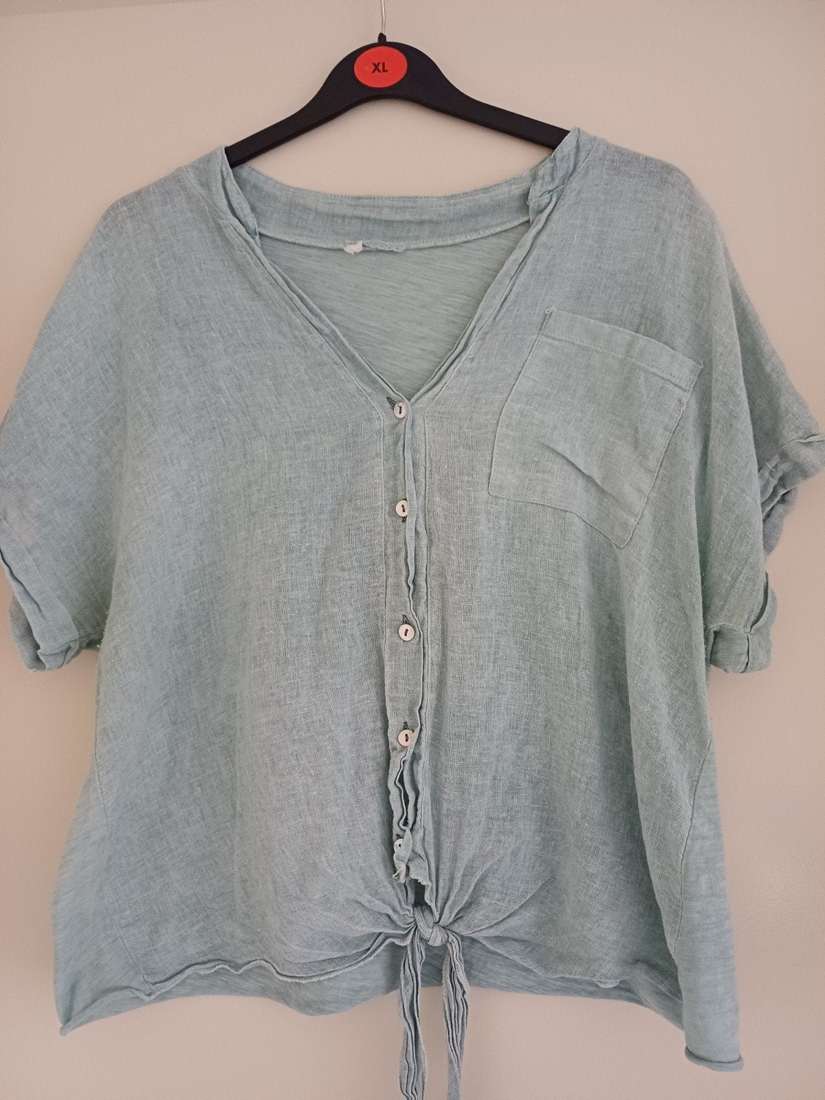 Linnen blouse maat 42 met rekbare achterkant, Maat 42/44 (L), Ophalen of Verzenden, Korte mouw, Gedragen