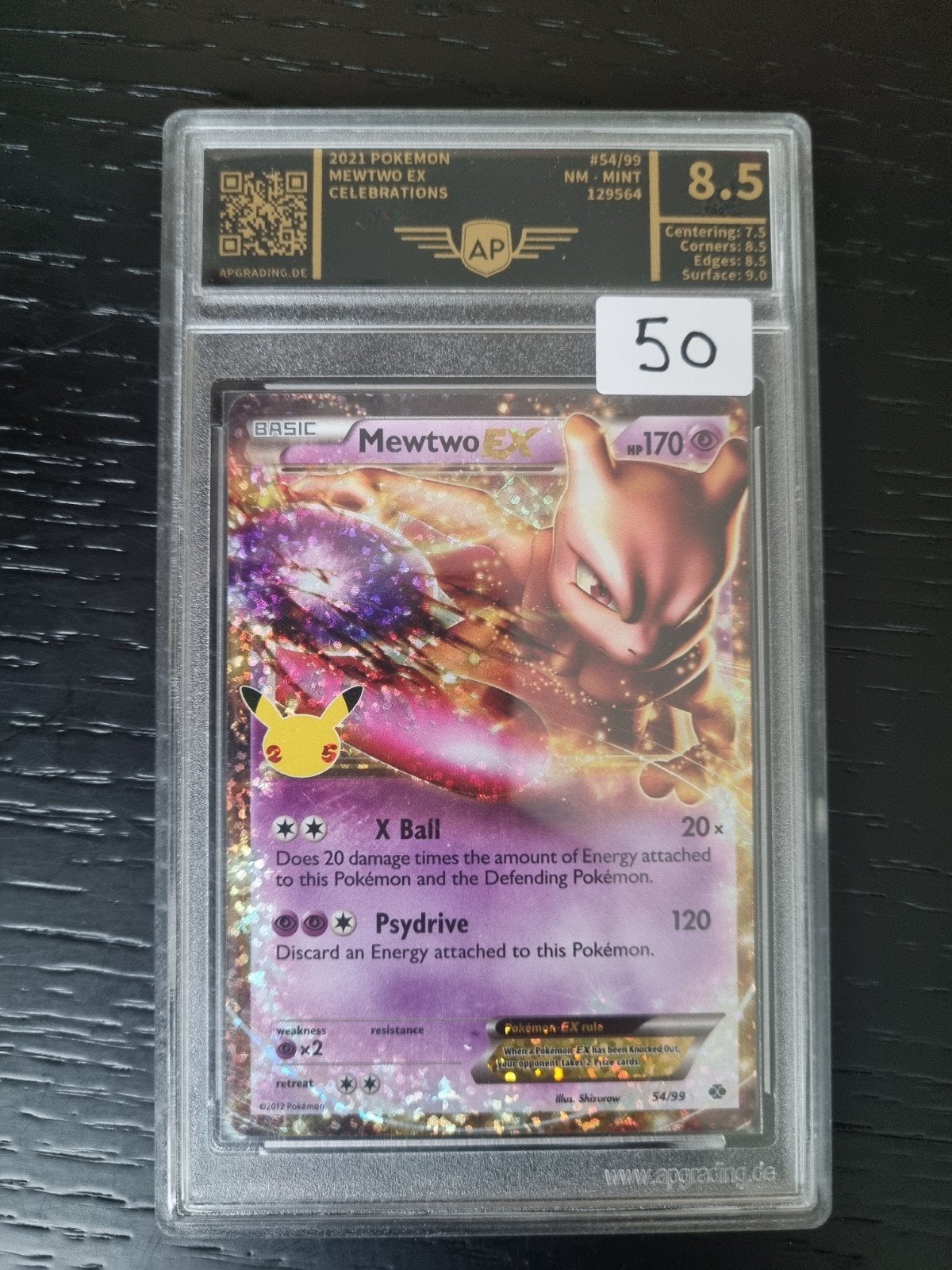 Mewtwo ex 54/99 Celebrations 8.5 ( ap grading) € 50, Ophalen of Verzenden, Zo goed als nieuw, Losse kaart, Foil