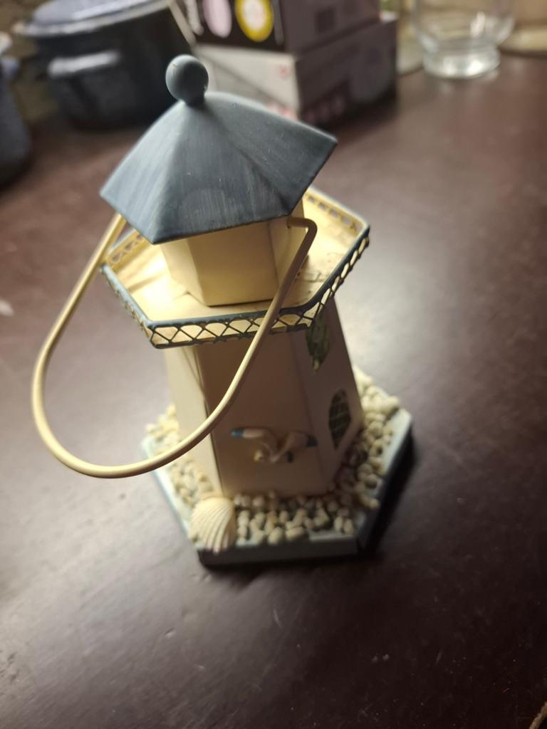 Decoratieve vuurtoren waxinelichthouder lichtblauw/crème, Huis en Inrichting, Overige materialen, Gebruikt, Ophalen of Verzenden