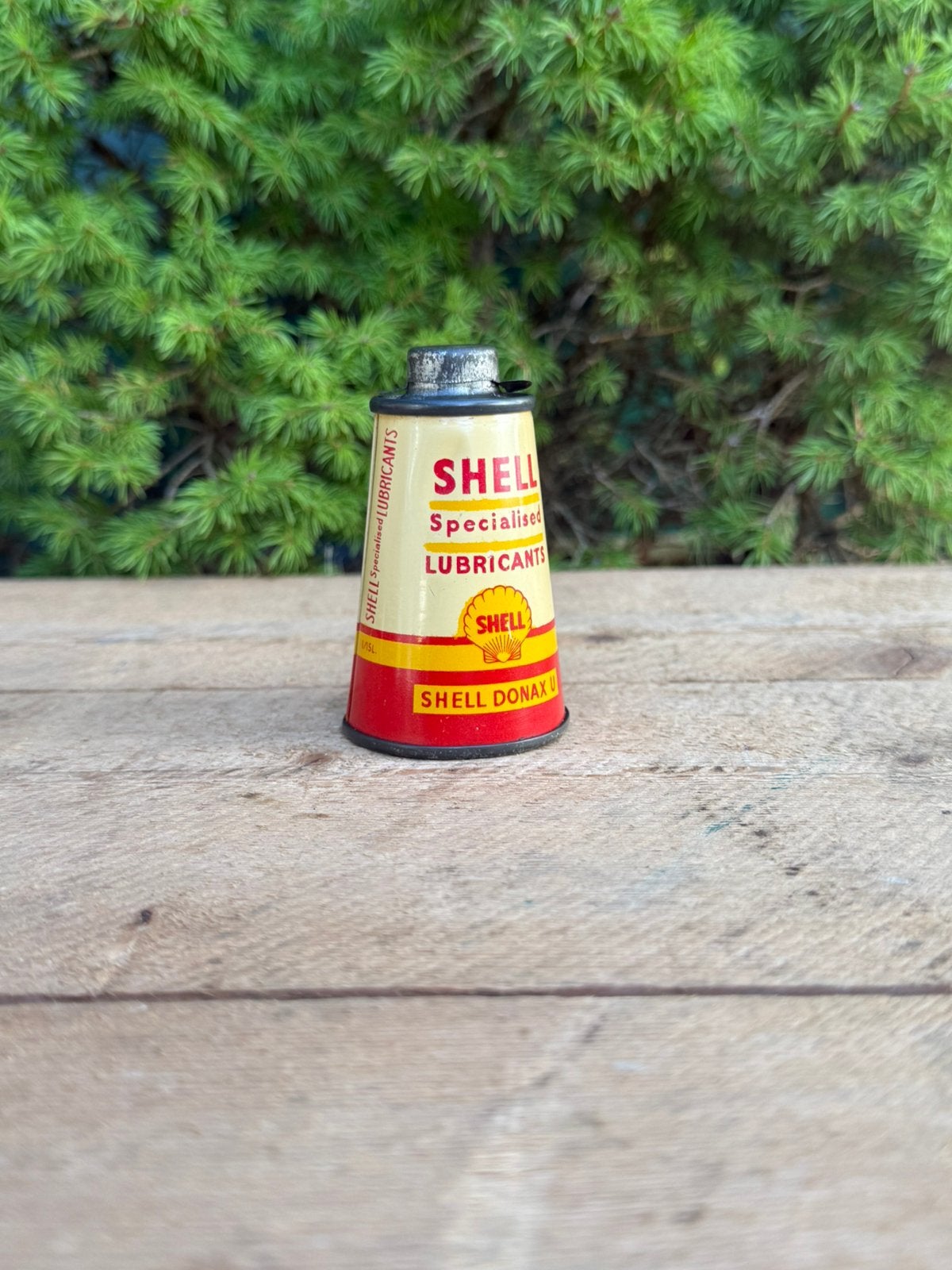 Oud Shell conisch olie blik blikje olieblik oldtimer garage, Ophalen of Verzenden, Zo goed als nieuw, Verpakking