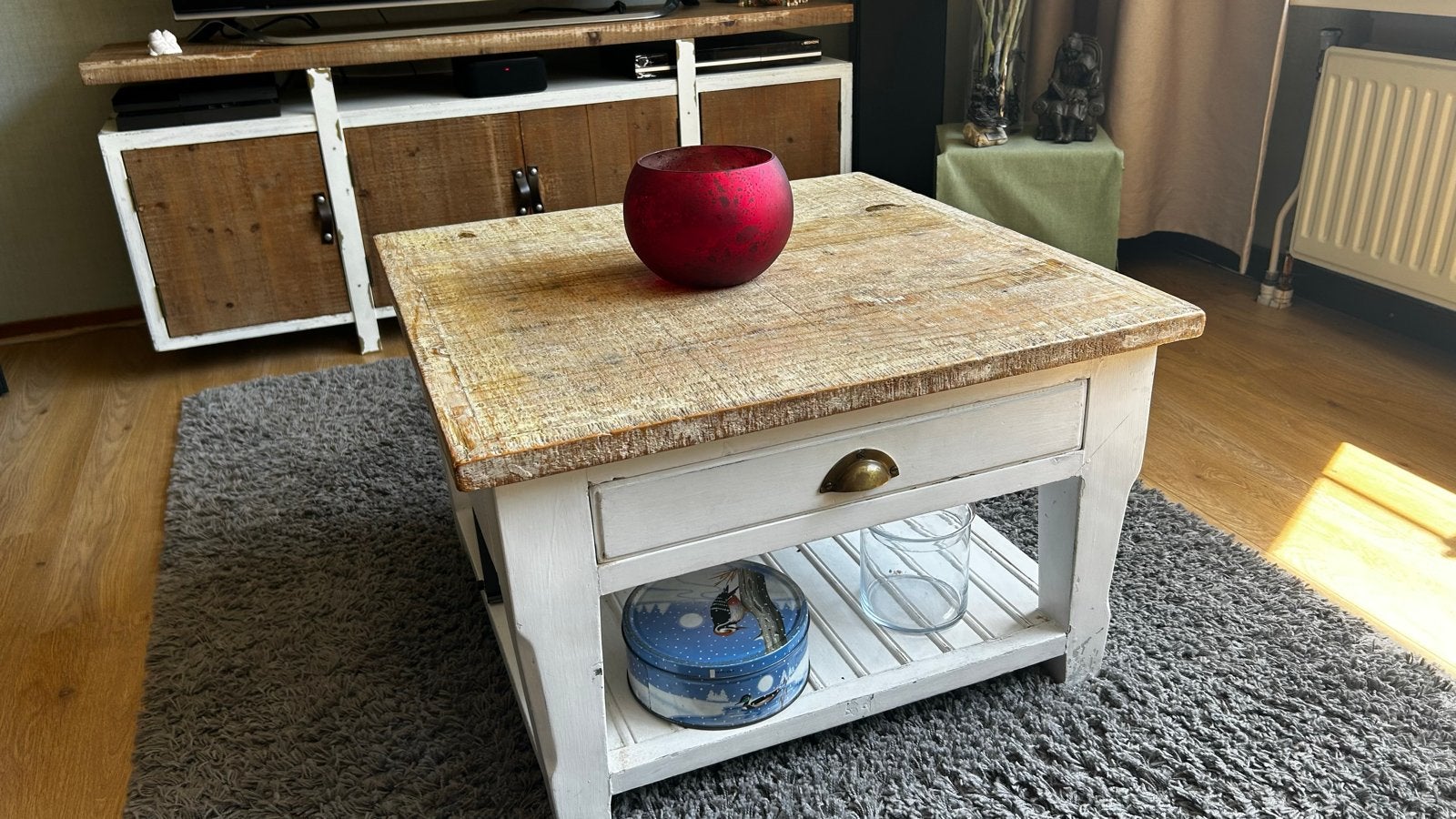 Robuuste salontafel met lade en opbergruimte, Ophalen, Gebruikt, Vierkant, 50 tot 100 cm