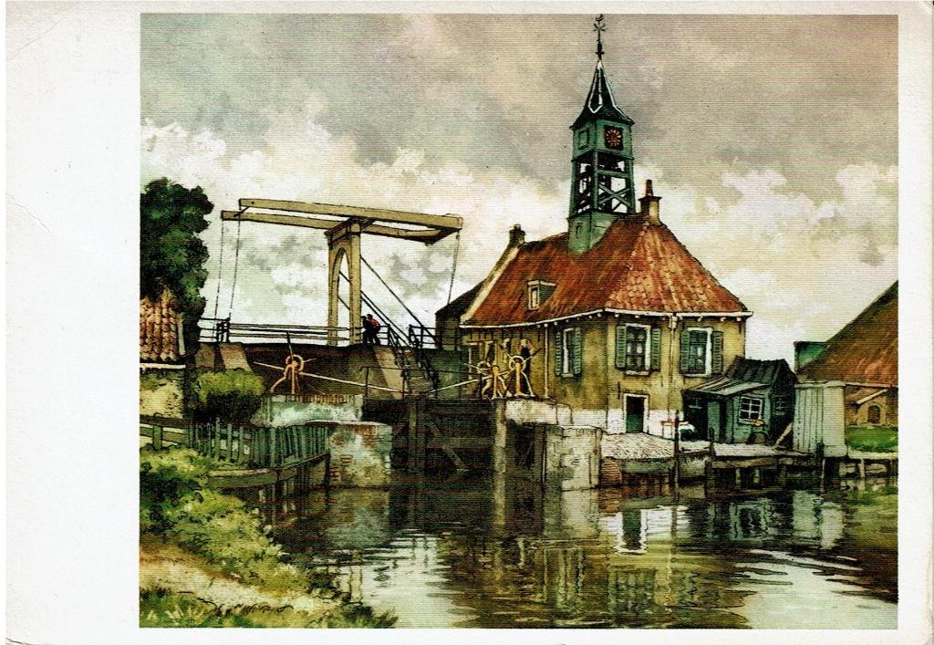 Ansichtkaart schilderij Hindelopen, Sluiswoning, Zomerzegels, Ophalen of Verzenden, 1960 tot 1980, Gelopen, Friesland
