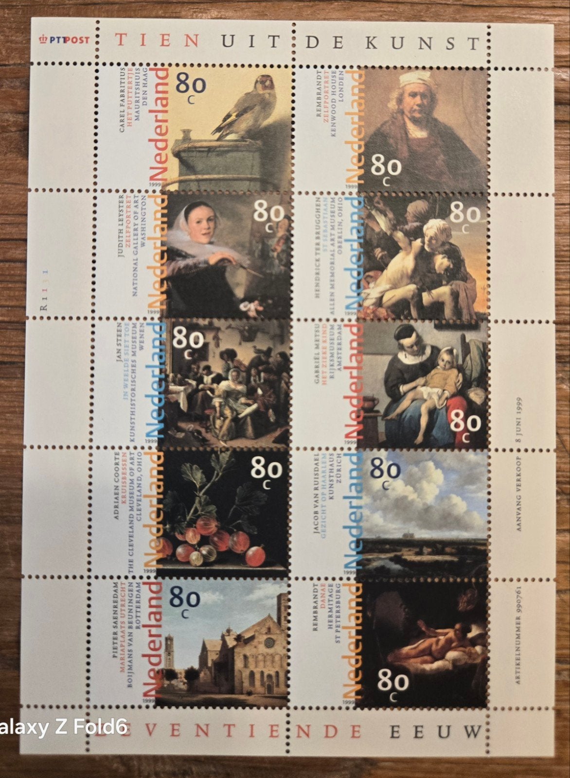 Postzegelvel 'Tien uit de Kunst' 80c Nederland 1999, Ophalen of Verzenden, Na 1940, Postfris