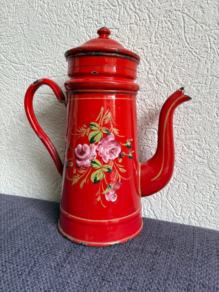 Emaille franse koffiekan, rood met bloemen, Ophalen of Verzenden