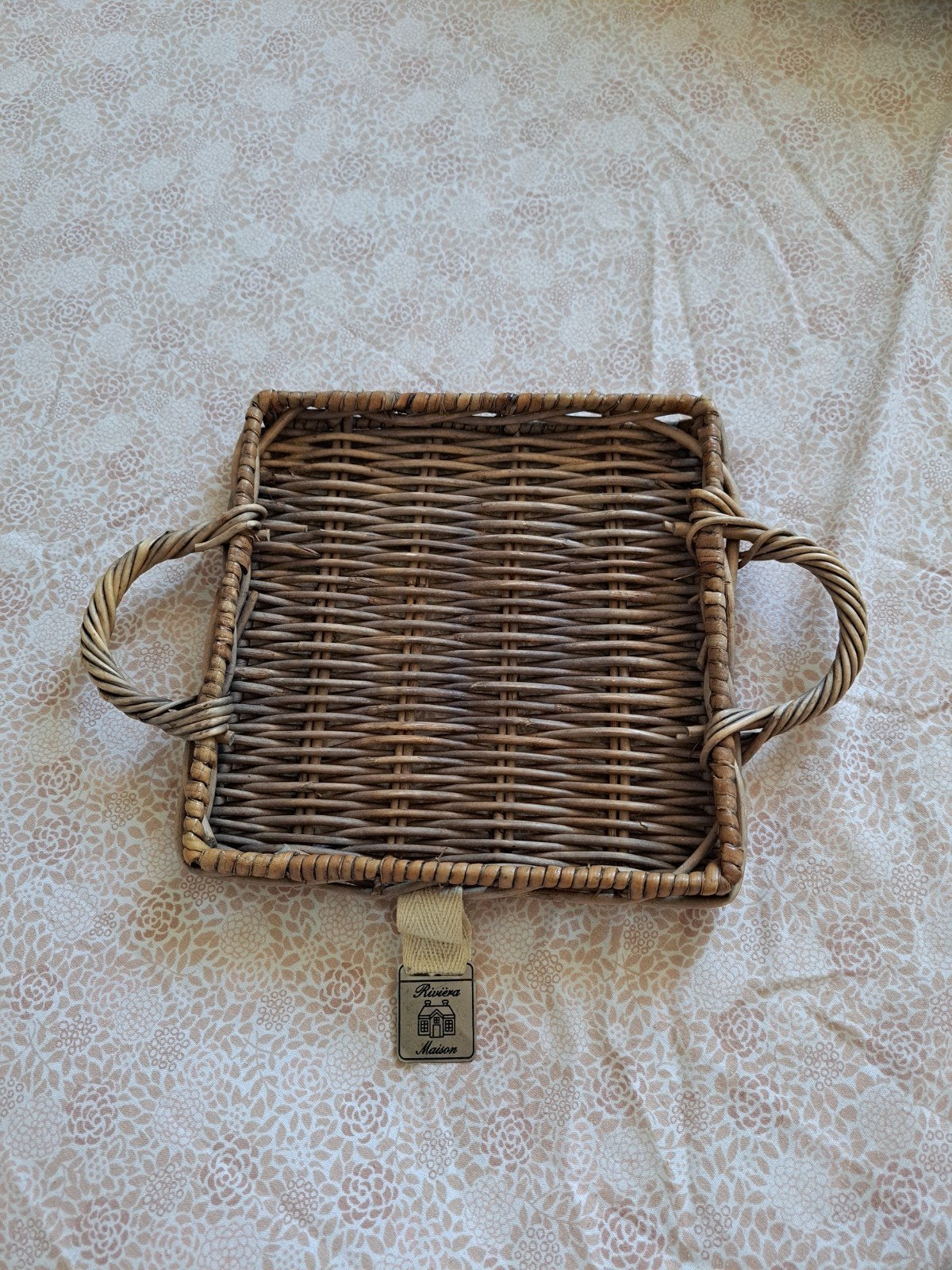 Riviera Maison Rieten Dienblad met Handvatten, Vierkant, Ophalen of Verzenden, Zo goed als nieuw, Riet