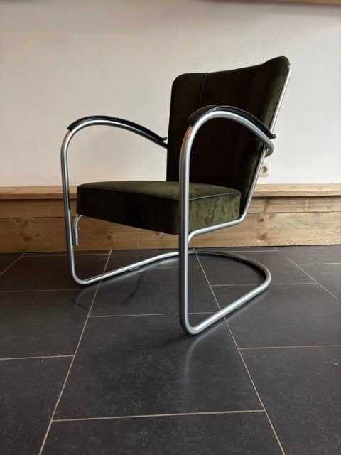 2 Gispen 412 fauteuils, zijdemat , nieuwe mosgroene ribstof, Design, 75 tot 100 cm, Zo goed als nieuw, Stof
