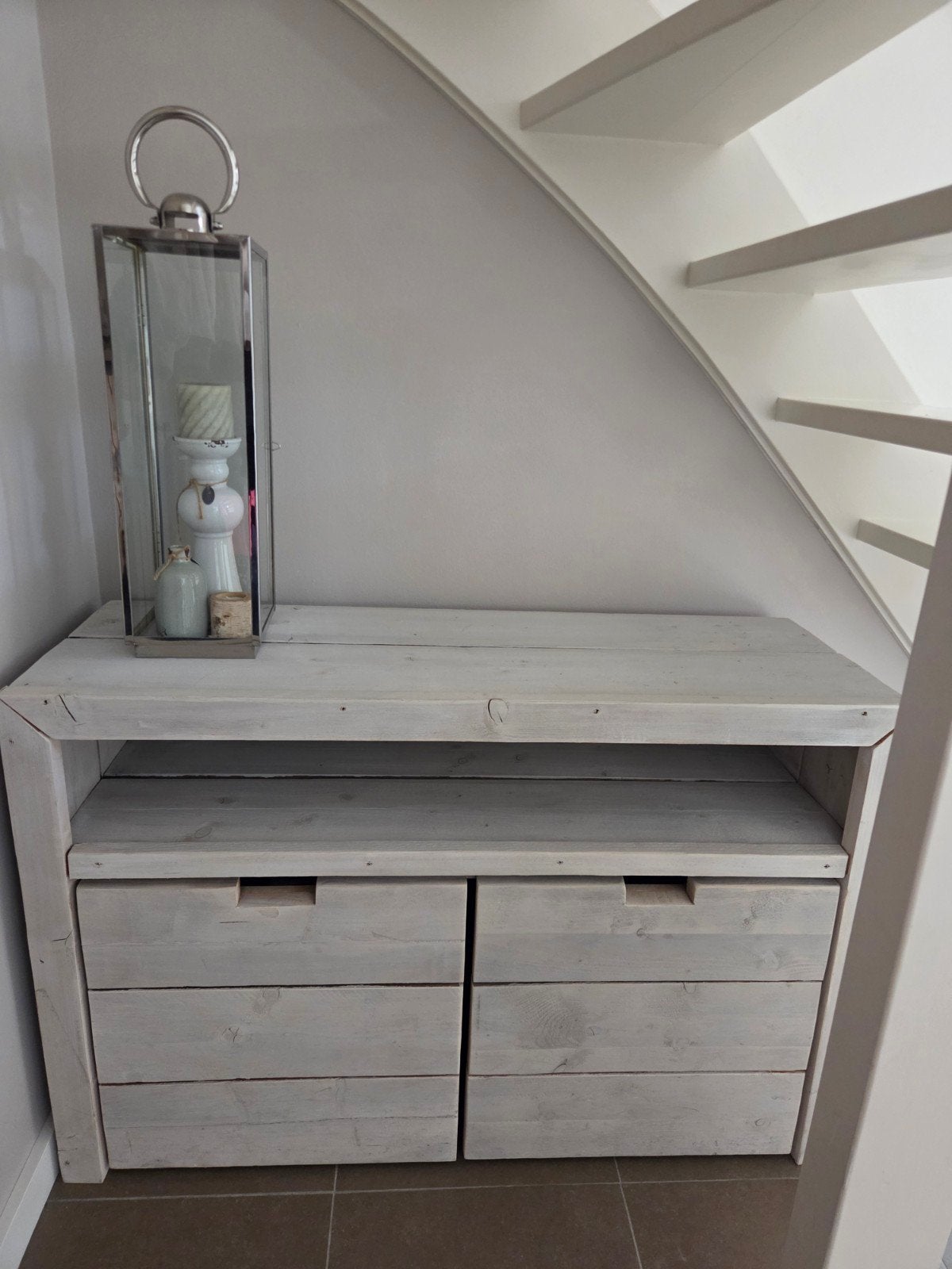 Steigerhouten meubel White wash met rolbare bakken, Ophalen, Gebruikt, 100 tot 150 cm, Met lade(s)