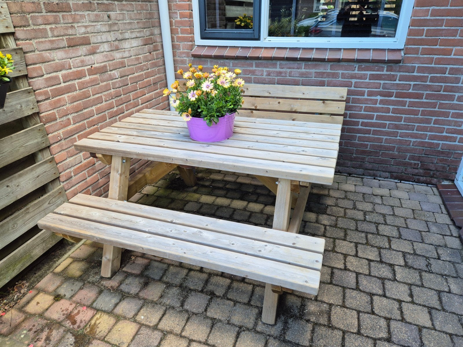 Tuintafel met leuning van talen houtmeubelen, Tuin en Terras, Ophalen of Verzenden, Zo goed als nieuw, Hout