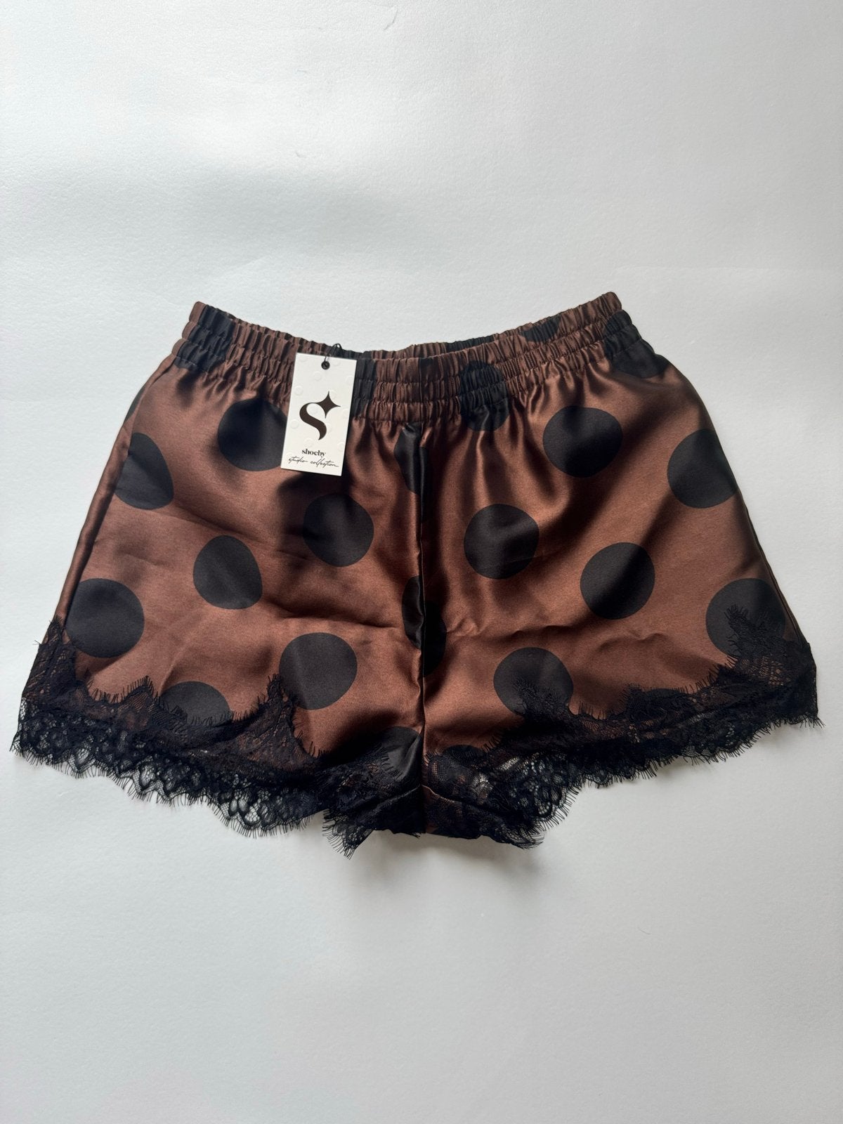 Nieuw Shoeby Studio Collection Satijnen Short Polkadots mt L, Verzenden, Maat 42/44 (L), Nieuw, Bruin