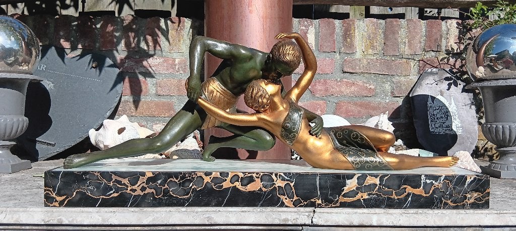 ART DECO beeld Psyche en Amor in samac op marmer, Ophalen, Art deco, 50 - 100 cm, Gepatineerd