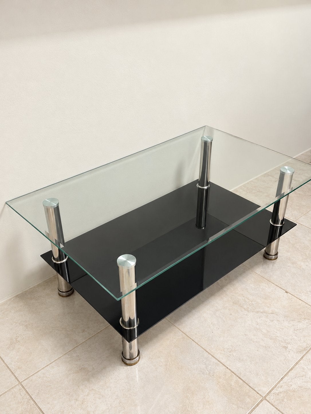 Glazen salontafel met twee lagen, Huis en Inrichting, Ophalen, Gebruikt, 100 tot 150 cm, 50 tot 100 cm