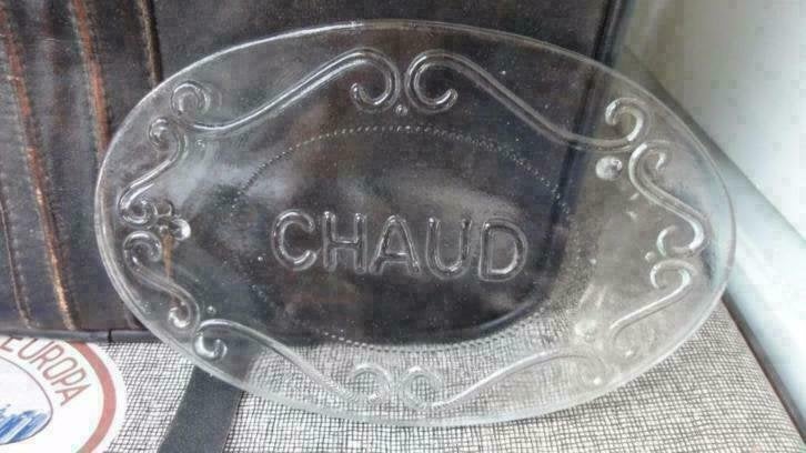 SALE Franse brocante glazen onderzetter met de tekst "CHAUD", Ophalen of Verzenden