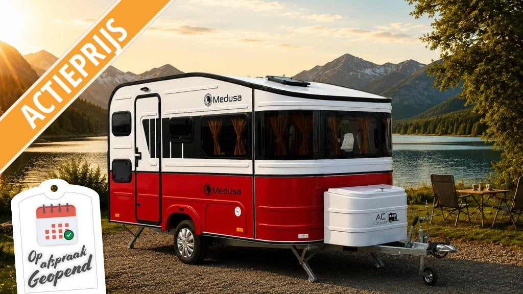 AC CARAVANS MEDUSA -ROOD -NIEUW -4PERSOONS -ALKO -720KG, Caravans en Kamperen, Caravans, Overige merken, Koelkast, Bedrijf, Treinzit