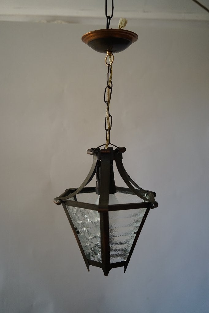 Oude lantaarn hanglamp reliëf glas metaal frame messing., Ophalen of Verzenden