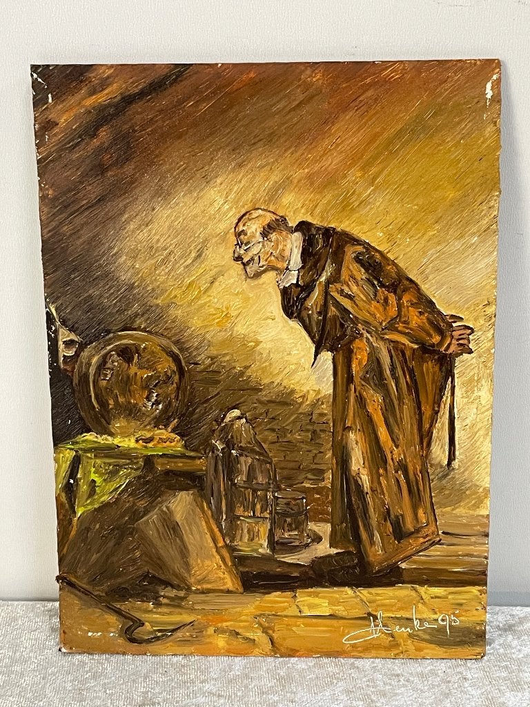 Schilderijtje Professor Der Alchemist ALenke, Realistisch, Overige ondergronden, Ophalen of Verzenden, Olieverf