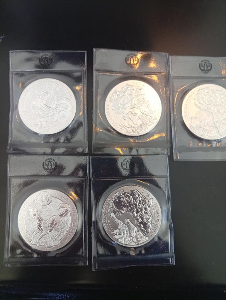 Te koop: 5x 1 oz Zilveren Rwanda Munten – Nieuw, Ophalen of Verzenden, Zilver