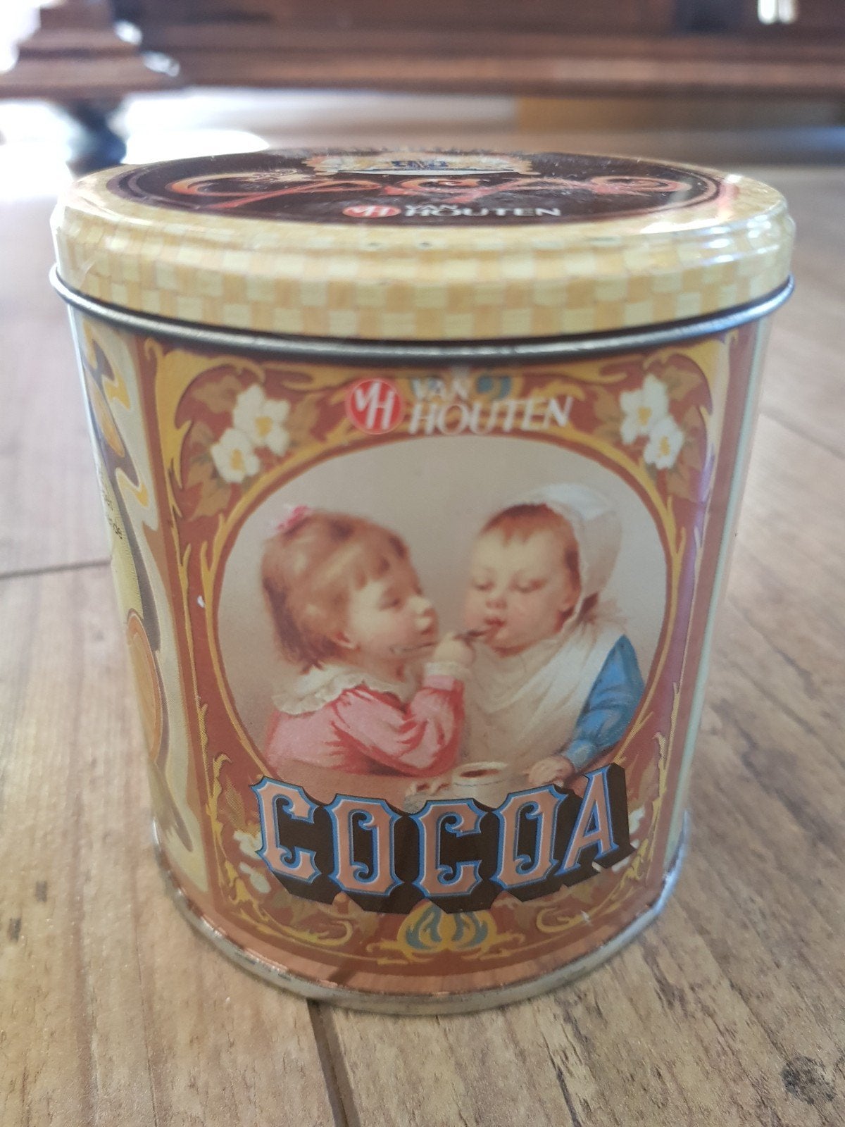 Blik van houten cocoa / chocola, Ophalen of Verzenden, Gebruikt, Overige