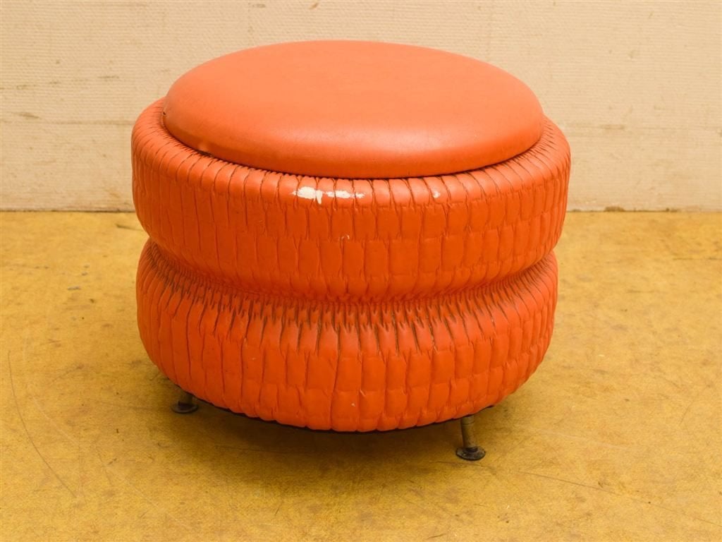 Vintage oranje poef 51842, Minder dan 50 cm, Gebruikt, 125 cm of meer, Rond
